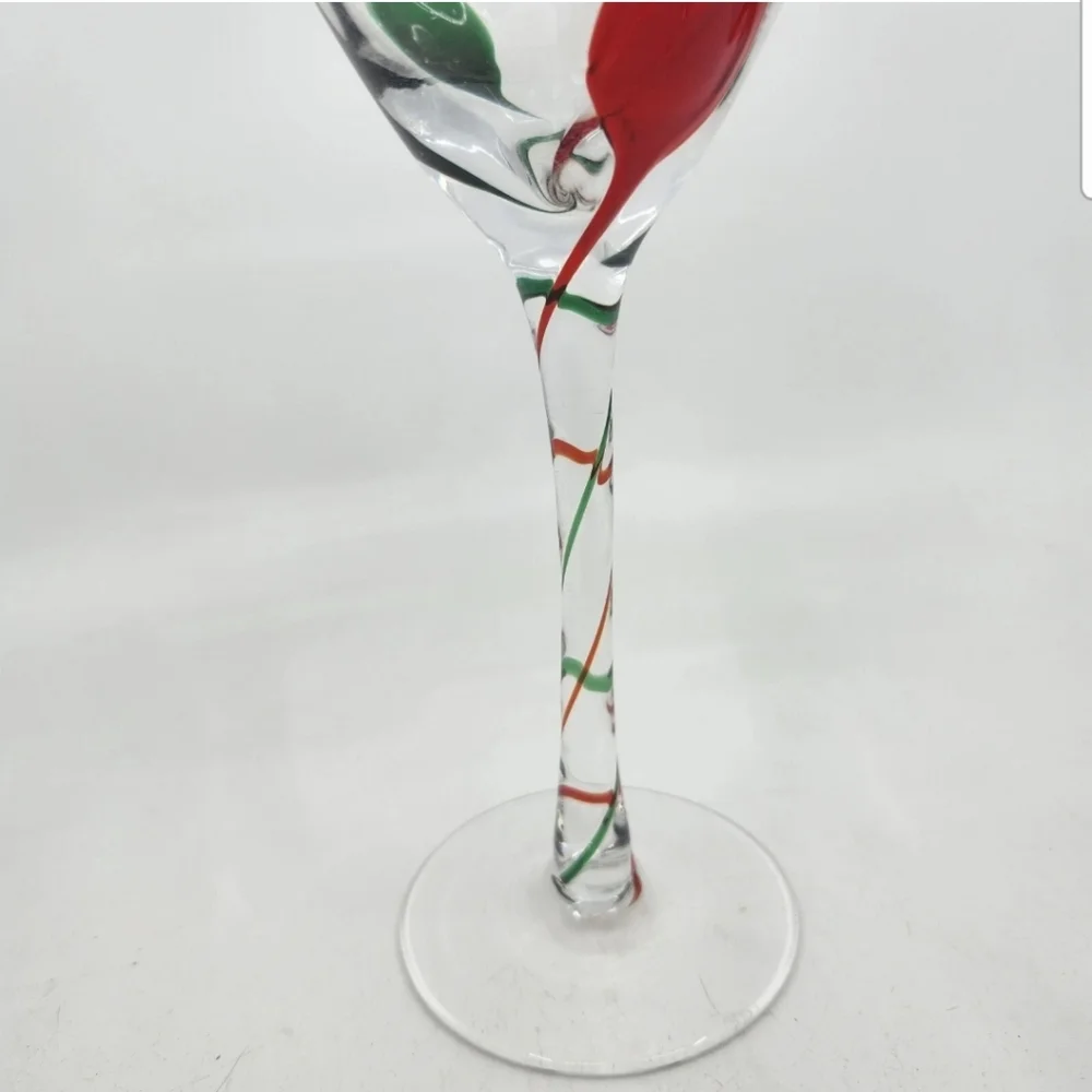Pier 1 Imports Christmas Wine Glasses Red Green Drop Swirl Stem Optic Ribbon  4